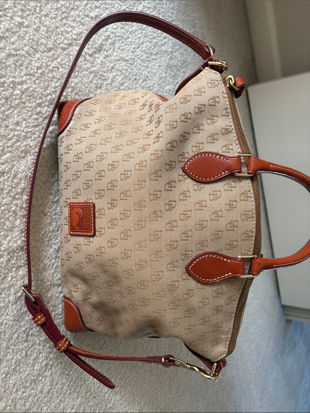 Dooney & Bourke Beige Logo Satchel with Brown Leather Trim